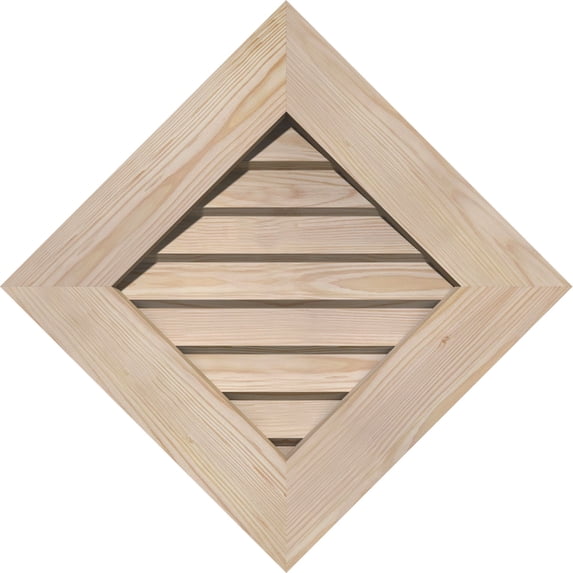20"W x 20"H Diamond Gable Vent (26 3/8"W x 26 3/8"H Frame Size): Unfinished, Non-Functional, Smooth Pine Gable Vent w/ Decorative Face Frame