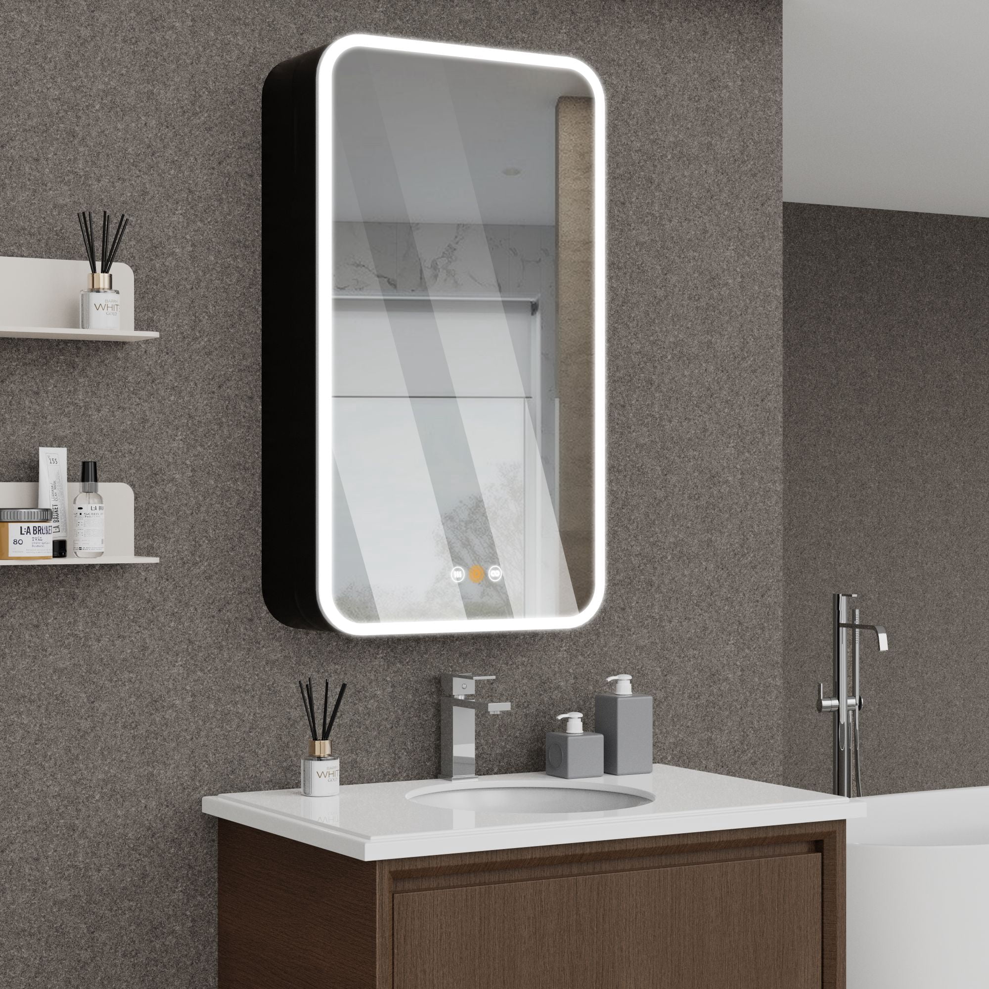 20”W x 36”H Medicine Cabinets for Bathroom with LED Mirror, Black Round ...