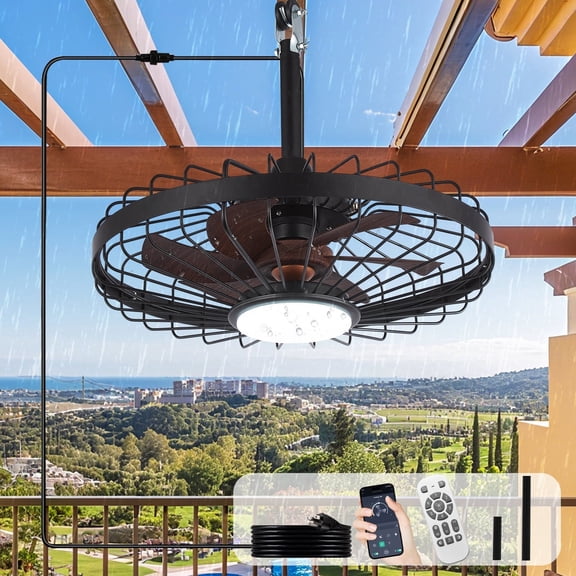 Depuley 20" Waterproof Outdoor Ceiling Fan with Light - IP44 Plug-in, Remote/App Control, 6-Speed Black Wood for Gazebo, Patio, Pergola