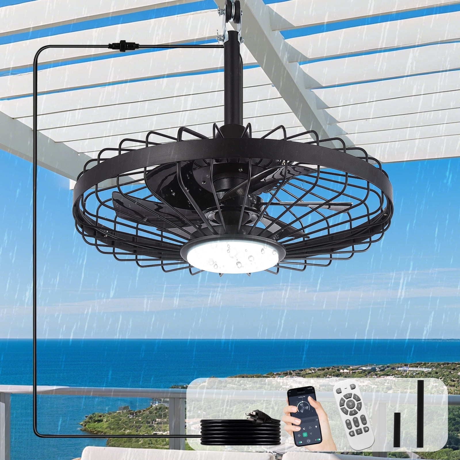 Depuley 20" Waterproof Outdoor Ceiling Fan with Light - IP44 Plug-in, Remote/App Control, 6-Speed Black for Gazebo, Patio, Pergola