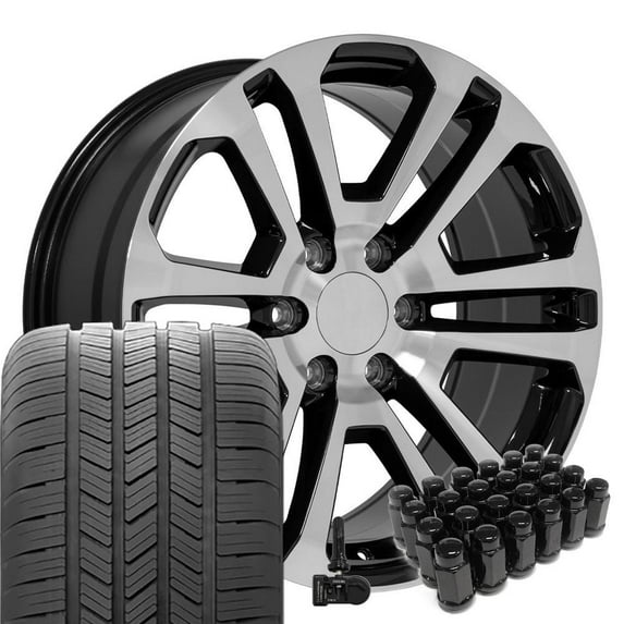 OE Wheels CV99 20 Inch Rims and Tires Fit Sierra 1500 Style 6x139.7 20x9 Gloss Black Machined - Hollander 4741 - Eagle LS-2 275/55-20 (Set of 4)