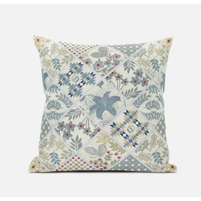 20â€ White Blue Patch Suede Throw Pillow
