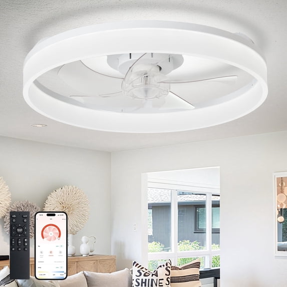 Depuley 20" White Flush Mount Ceiling Fan with Light - Low Profile, App & Remote Control, 6-Speed Quiet DC Motor, Dimmable LED for Bedroom