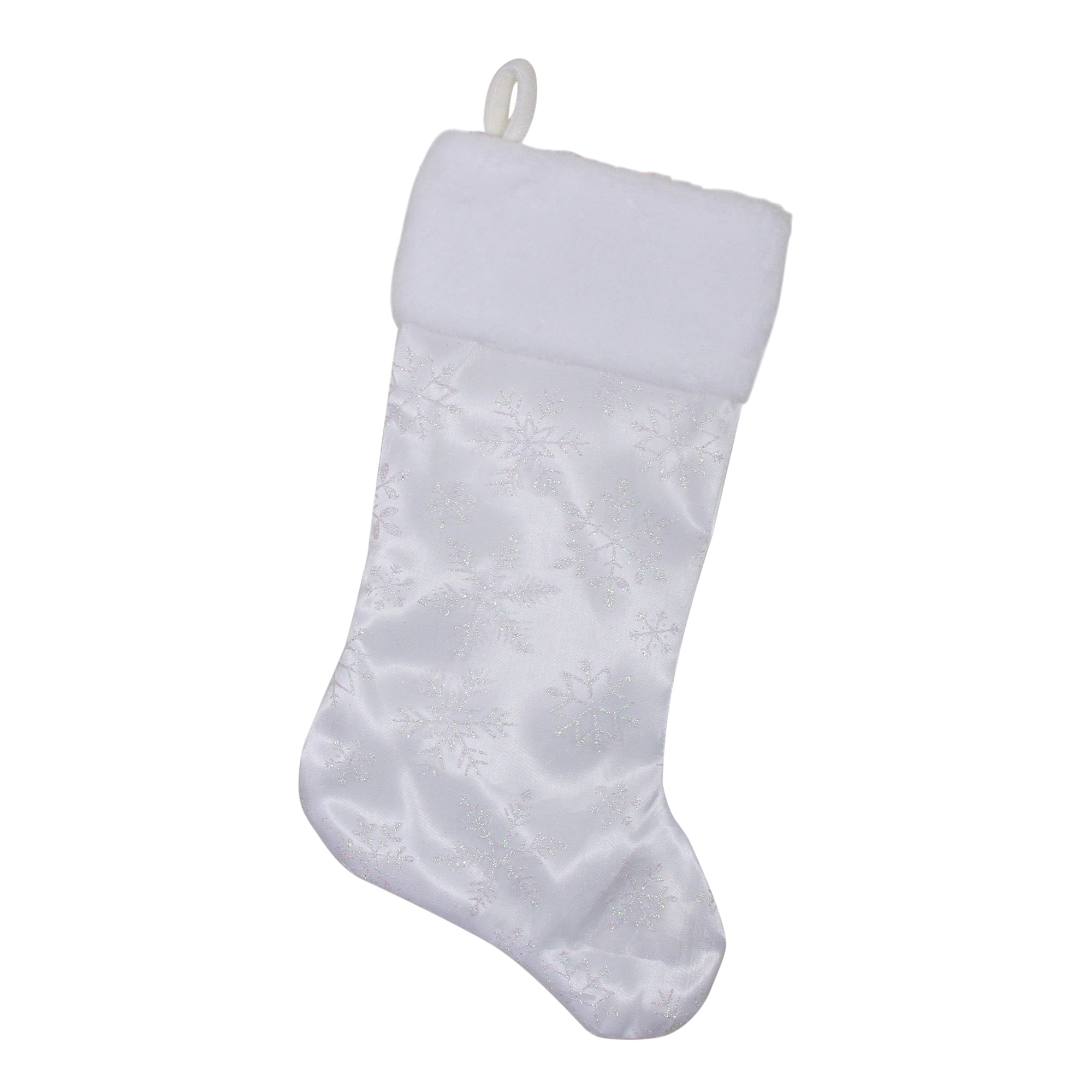20" White Iridescent Glittered Snowflake Christmas Stocking with White Faux Fur Cuff