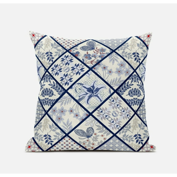 20â€ White Navy Patch Suede Throw Pillow