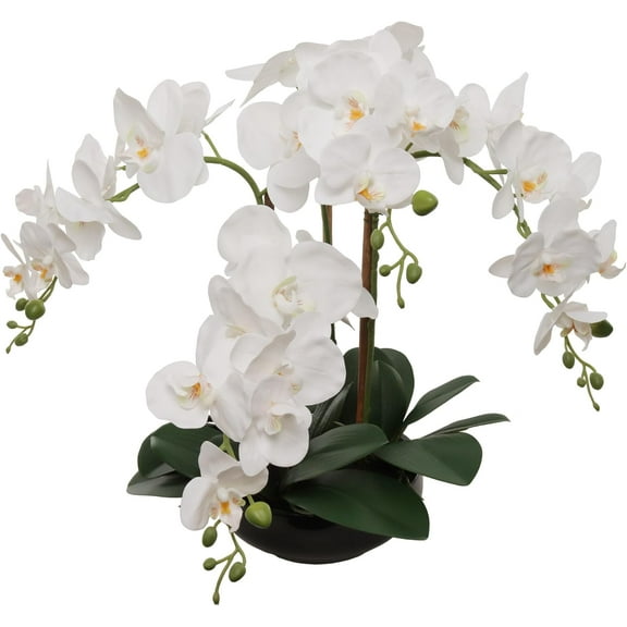 20" White Phalaenopsis Orchid 4 Stems Artificial Flower Arrangement with Round Black Pot for Home, Office & Event Dcor
