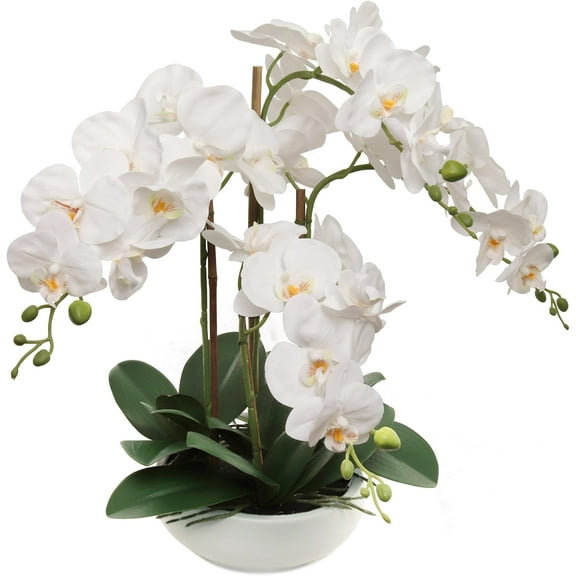 20" White Phalaenopsis Orchid 4 Stems Artificial Flower Arrangement with Round White Pot for Home, Office & Event Dcor