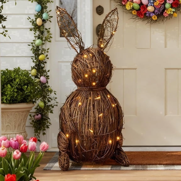 20'' Wicker Easter Bunny Light Up, Rattan Bunny Outdoor Woven Wicker, Rabbit Topiary Easter Porch Decor, Spring Decoration for Home Farmhouse Table Kitchen