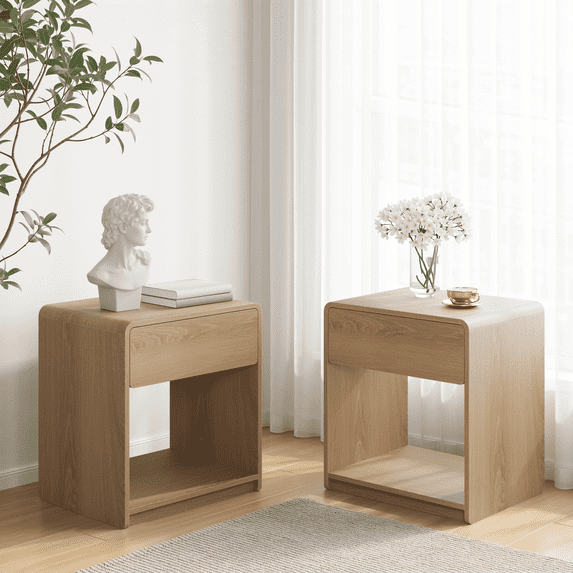 20" Wide Fluted Nightstand Set of 2 with Modern Wood Bedside Table with 1 Drawers and Open Shelf, Mid Century End Table for Bedroom Living Room Office, Oak