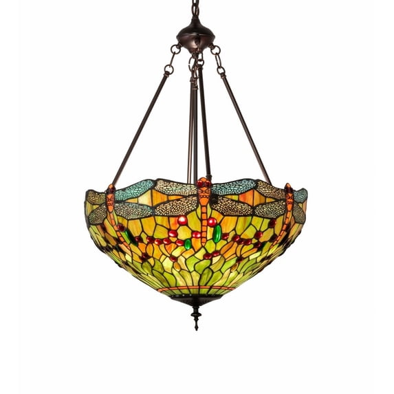 Meyda Tiffany 230915 20 Inch Wide Tiffany Hanginghead Dragonfly Inverted Pendant Mahogany Bronze Finish with Stained Glass