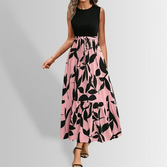 Under $20 Womens Dresses Summer Saving, Fashion Women's Summer Casual Round Neck Bandage Sleeveless Printing Beach Sundresses Boho Dresses A Line Maxi Dress(Pink,XXL)