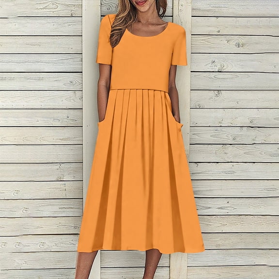 Under $20 Womens Dresses Summer Saving, Women's Vacation Casual Party Daily Folded Round Neck Solid Short Sleeve Dresses With Pocket(Orange,M)