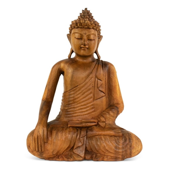 20" Wood Buddha Statue – Hand Carved Earth Touching Mudra Sculpture, Natural Zen Decor