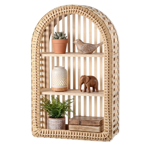 20'' X 12'' 3 Tier Rattan Wall Shelf Boho Arch Hanging Shelves Arched Mounted Wicker Decorative Farmhouse Handcraft Floating Storage Display Rack For Bathroom Living Room Decor
