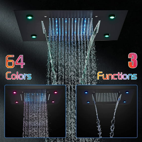 20 X 14 Inch LED Shower Head Rain Shower Head Multi Functions Showerheads Square Ceiling Mounted Bathroom Shower Heads Waterfall Rainfall Shower Head High Pressure Bath Shower Matte Black