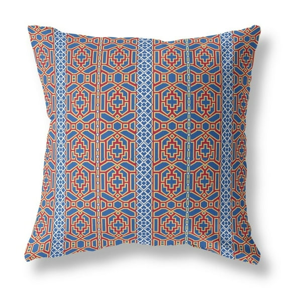 20" X 20" Blue And Red Geometric Blown Seam Suede Throw Pillow