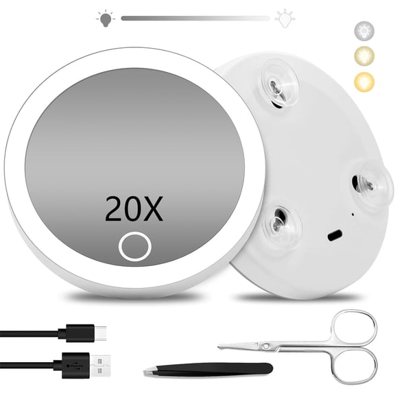 20 X Magnifying Mirror with LED Light and 3 Strong Suction Cups. Compact, Rechargeable 4 inch Makeup Magnified Mirror, Lighted Makeup Mirror Includes Tweezers & Scissors (White,4 Inch)