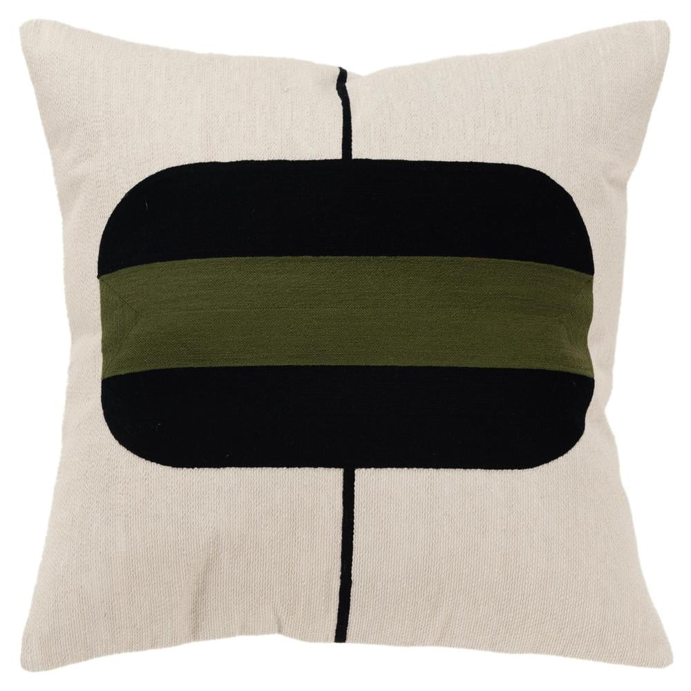 20'' Square Beige and Black Cotton Embroidered Throw Pillow