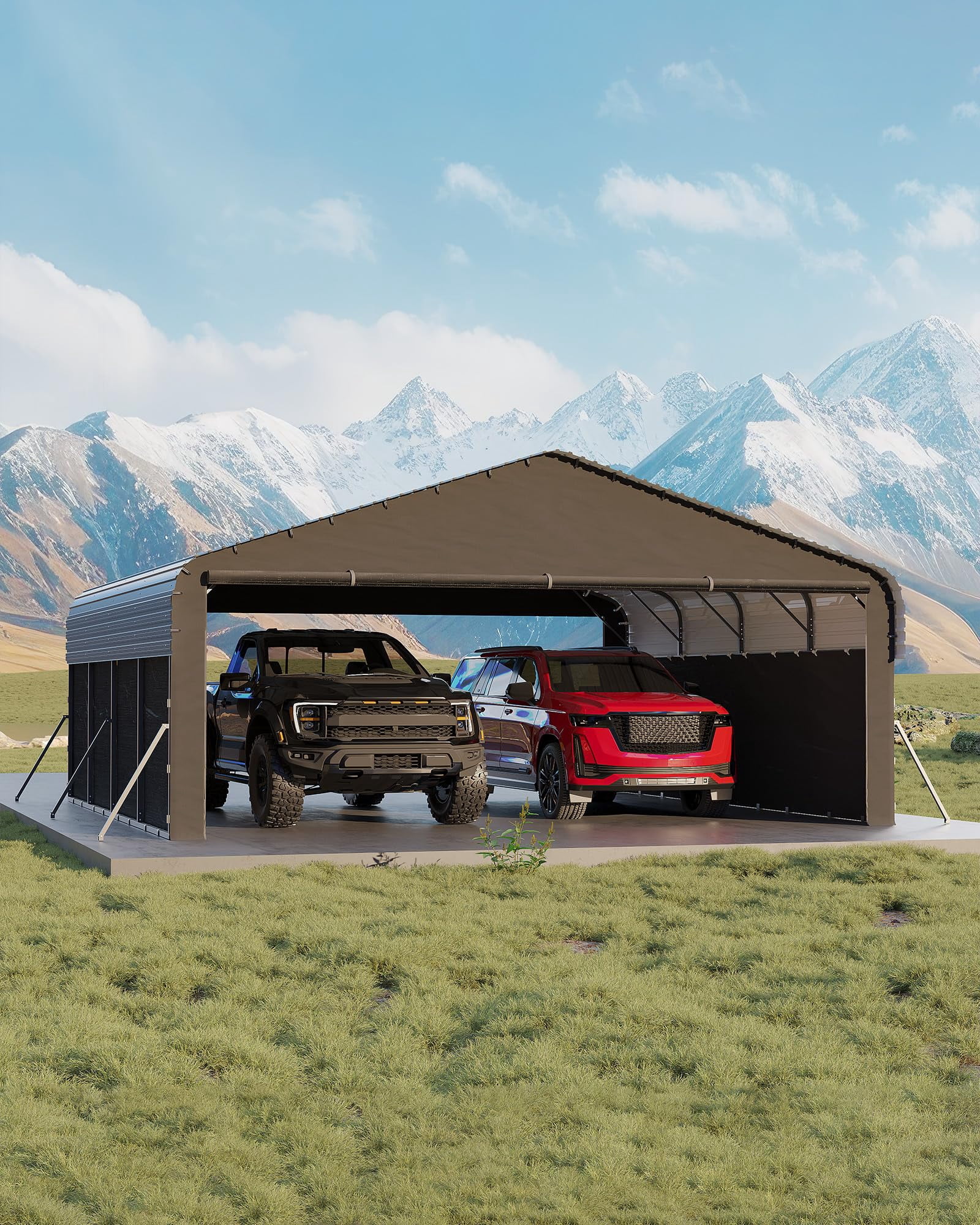 20'X20'X10' Metal Car Port for 2 Cars, Enclosed Carports with 220 g Tarp, All-Weather Use Metal Carport, for Full-Size Pickup Trucks, Bass Boats, and Tractors