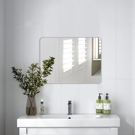 20”X30” Silver Bathroom Mirrors for Vanity, Rounded Rectangle Brushed Silver Metal Frame Mirror, Anti-Rust, Tempered Glass, Hangs Horizontally or Vertically