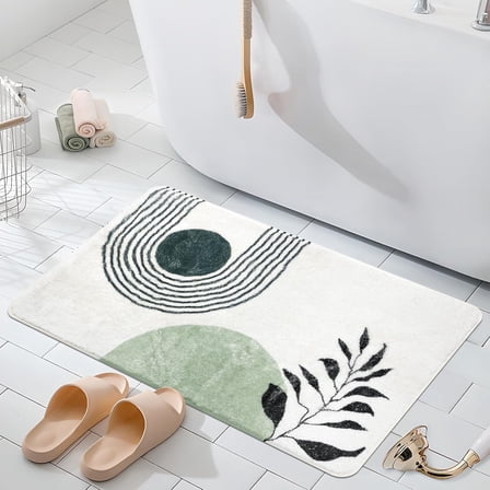 20"X32" Boho Bath Rugs for Bathroom Decor Non-Slip Bath Mat Absorbent Plush Microfiber Soft Carpet Machine Washable Bath Mat for Bathrooms,Showers,Laundry Rooms,White and Green