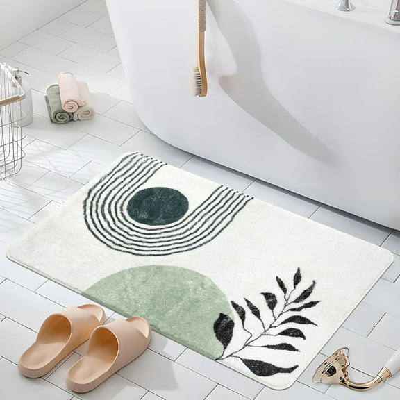 20"X32" Boho Bath Rugs for Bathroom Decor Non-Slip Bath Mat Absorbent Plush Microfiber Soft Carpet Machine Washable Bath Mat for Bathrooms,Showers,Laundry Rooms,White and Green