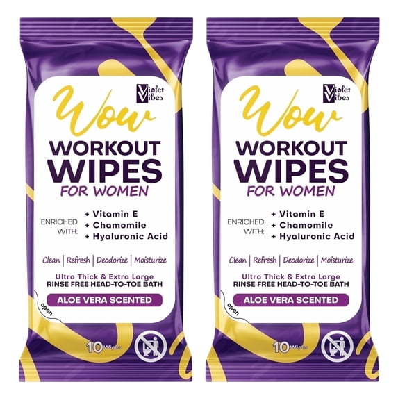 Violet Vibes Rinse-Free Body Wipes for Women, XL Post Workout Wipes, Aloe Scent, Moisturizing Shower Wipe, 20 count, 2 pack