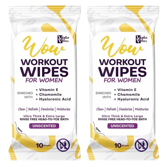Violet Vibes XL Rinse-Free Body Wipes for Women, Unscented Shower Wipes with Aloe for Gym, Camping, Travel, Post Workout, 20 Count, 2 Pack