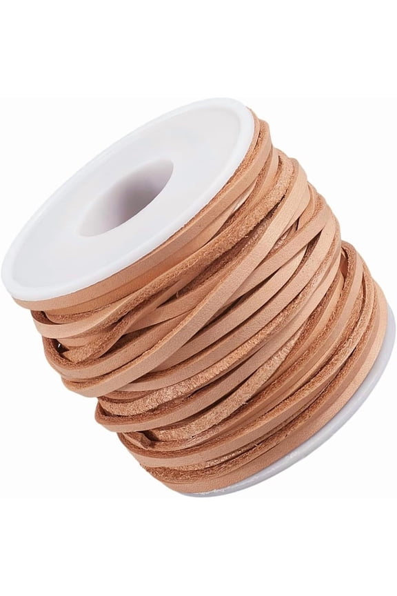 20 Yard 3MM Flat Genuine Leather String Lace for Crafts Light Brown Real Leather Thin Cord Strap Strip Cording Rope Braiding Strip Thread for Jewelry Making Necklace Bracelets Beading DIY