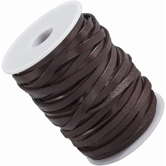 20 Yard 5MM Flat Genuine Leather Cord String for Crafts Dark Brown Real Leather Thin Strap Strip Lace Cording Rope Braiding Strip Thread for Jewelry Making Necklace Bracelets Beading Coconut Brown