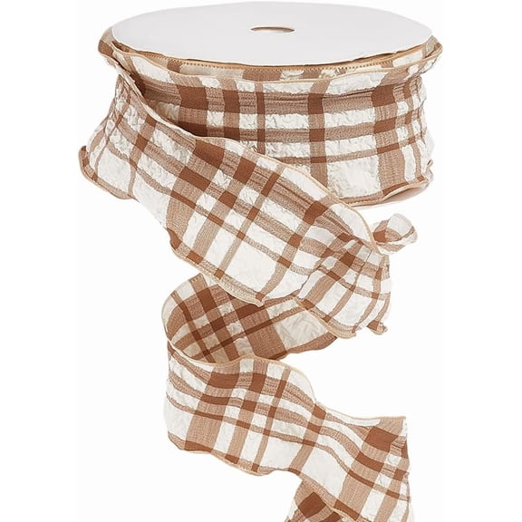 20 Yards 1.5 Inch Brown White Buffalo Plaid Ruffle Ribbon Double Ruffled Edge Chiffon Pleated Checkered Gingham Fabric Ribbons Bulk for DIY handcrafting