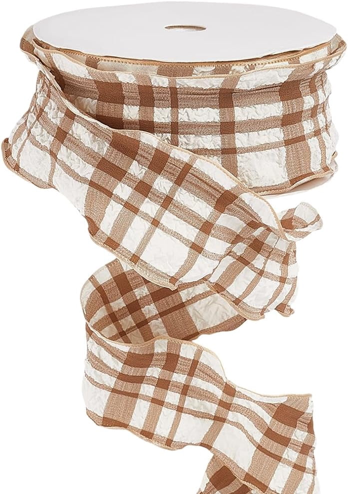 Brown Ribbon Ruffle 20 Yards 1.5 Inch Brown White Buffalo Plaid Ruffle Ribbon Double ...