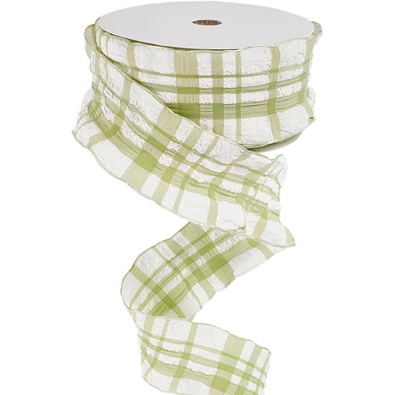 20 Yards 1.5 Inch Green White Buffalo Plaid Ribbon Double Ruffled Edge Chiffon Pleated Checkered Gingham Pastel Fabric Ribbons Bulk