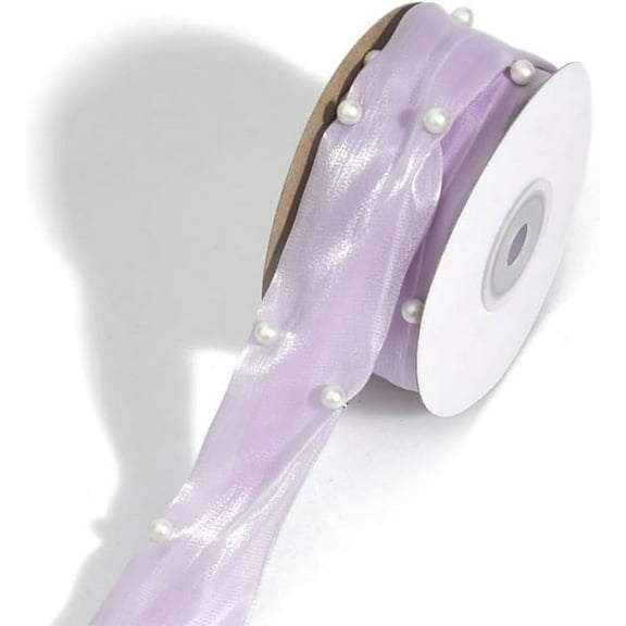 About 20 Yards 1.5 Inch Purple Pearl Ribbon Gift Wrapping Artificial Pearls Bead Ribbon Chiffon Organza Lace Flower Ribbon Trim for Gift Wrapping Floral Bouquet Wedding Party Christmas Decor