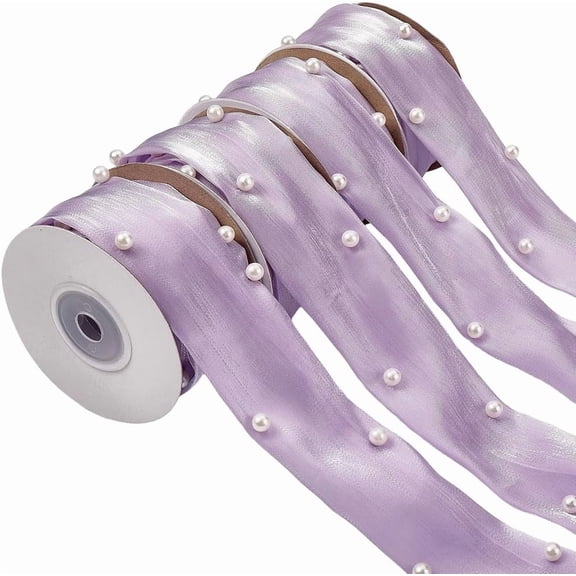 20 Yards 1.5 Inch Purple Pearl Ribbon Gift Wrapping Artificial Pearls Bead Ribbon Chiffon Organza Lace Flower Ribbon Trim for Gift Wrapping Floral Bouquet Wedding Party Christmas Decor DIY