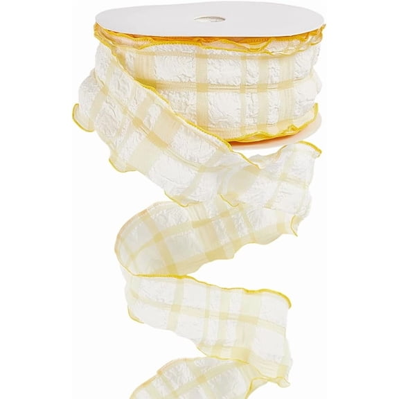 20 Yards 1.5 Inch Yellow White Buffalo Plaid Ruffle Ribbon Double Ruffled Edge Chiffon Pleated Checkered Gingham Fabric Ribbons Bulk for Sewing Making Craft Gift Wrapping Bouquets Home Decor Colorful