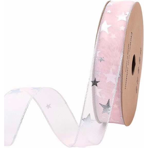 20 Yards 1 Inch Pink Star Ribbon Sheer Organza Silver Stars Print Chiffon Silk Transparent Sparkly Pastel Ribbons with Spool for Sewing Making Crafts Gift Wrapping Wreaths Bouquet Diy Supply Pink