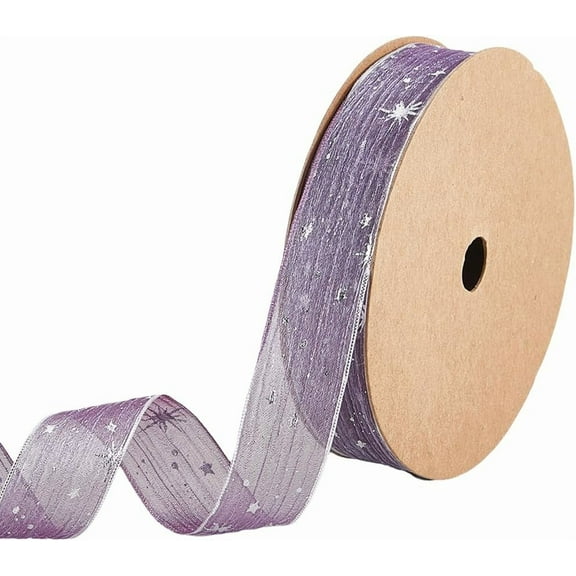 20 Yards 1 Inch Purple Star Ribbon Silver Stars Print Trim Polyester Sheer Organza Transparent Chiffon Silk Fabric Ribbons Bulk