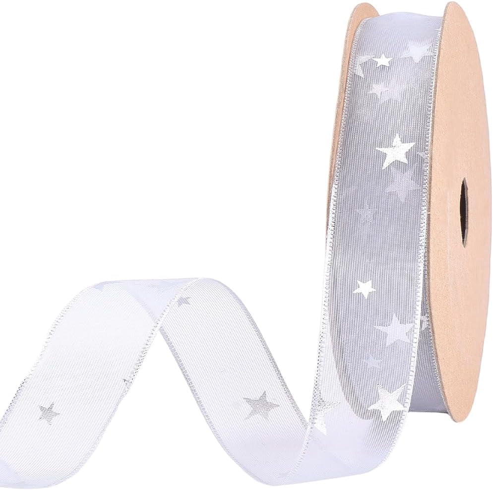 Five Ribbons 20 Yards 1 Inch Silver Sheer Organza Pentagram Ribbon White Five Point ...