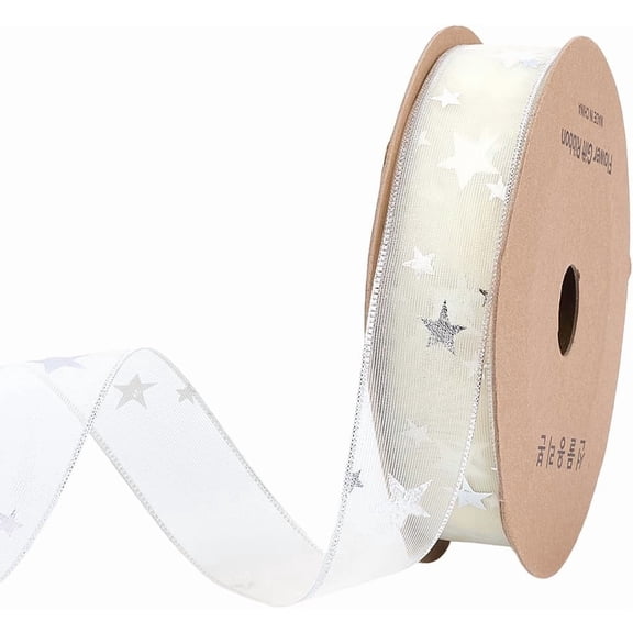 20 Yards 1 Inch White Star Ribbon Silver Stars Print Organza Sheer Transparent Chiffon Silk Sparkly Ribbons Bulk with Spool for Sewing Making Crafts Gift Wrapping Bouquets Home Decor Supply White DIY