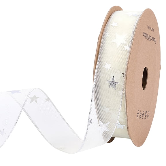 20 Yards 1 Inch White Star Ribbon Silver Stars Print Organza Sheer Transparent Chiffon Silk Sparkly Ribbons Bulk with Spool