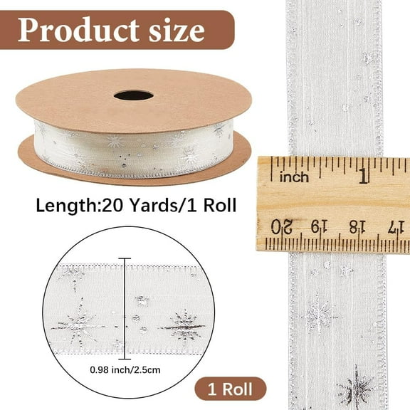 20 Yards 1 lnch White Star Ribbon Silver Stars Print Trim Sheer Organza Transparent Chiffon Silk Sparkly Fabric Ribbons Bulk with Spool for Sewing Making Crafts Gift Wrapping Bouquets Wreath