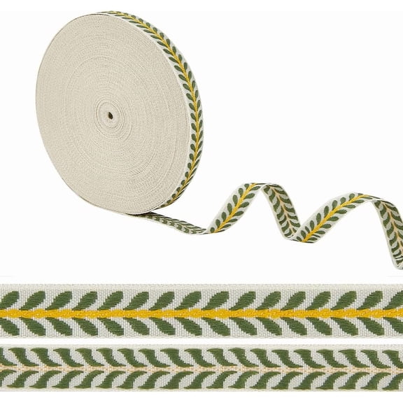 20 Yards/18.3M Modern Sea Green Leaf Striped Jacquard Polyester Ribbon Trim for DIY Sewing Crafts Home Decor Clothing Decoration Green