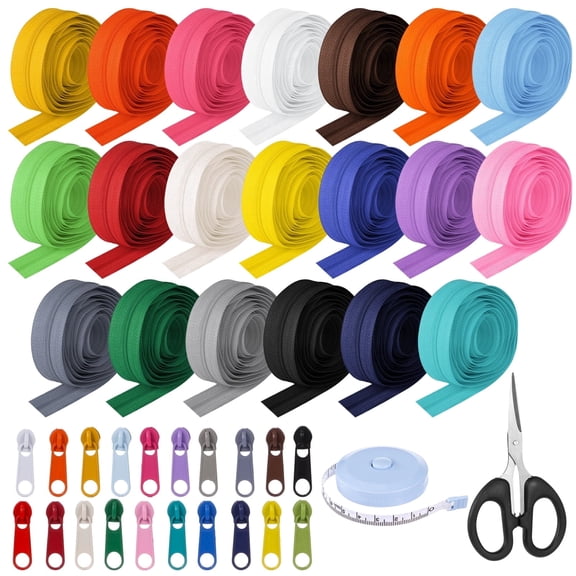 60 Yards 20PCS Sewing Zippers, 20 Assorted Colors, Nylon Coil Zippers with 200 Zipper Sliders, Scissors, and Tape, Complete Zipper Repair Kit for DIY Sewing, Crafts, Bags, Cushions