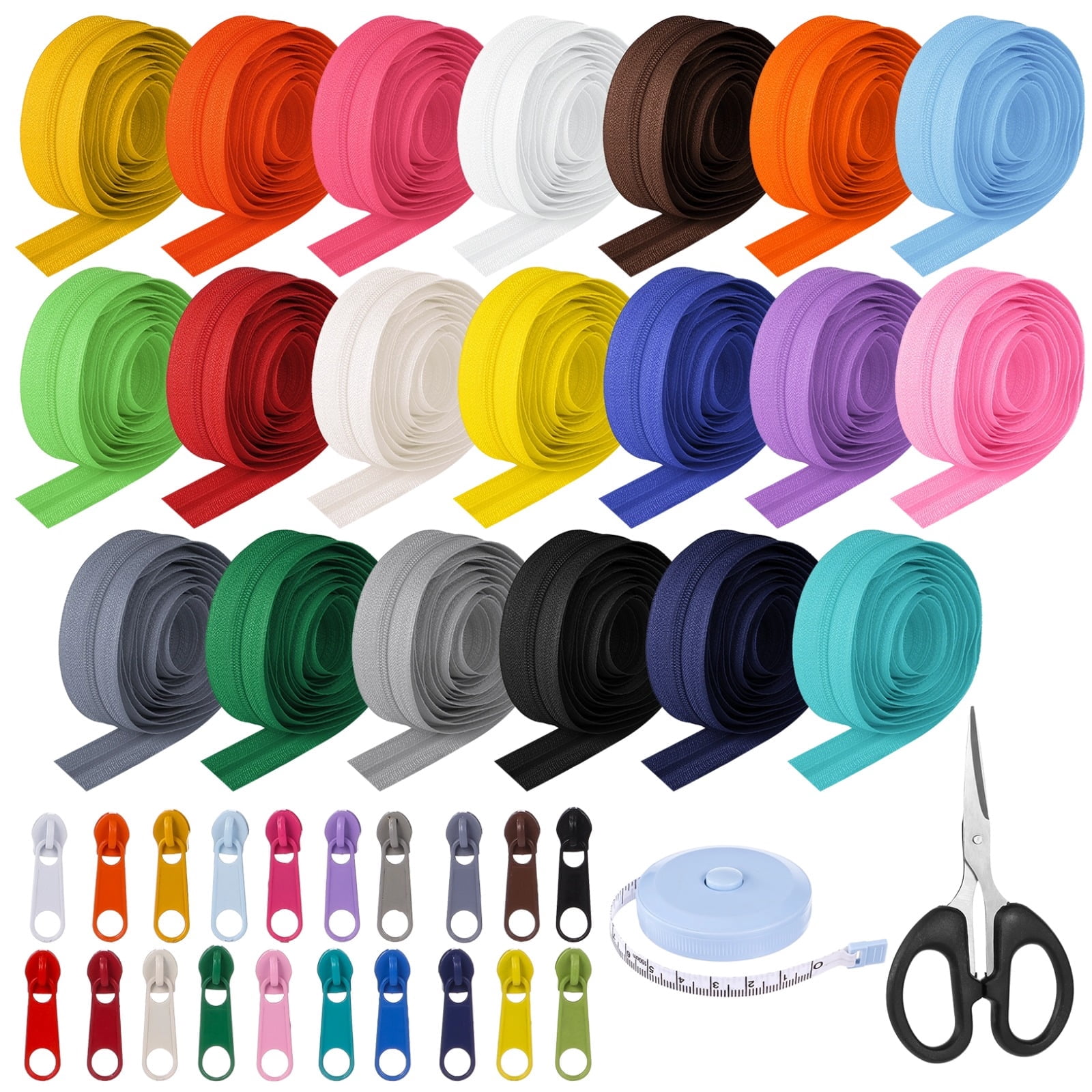 20 Yards 20PCS Sewing Zippers, 20 Assorted Colors, Nylon Coil Zippers with 200 Zipper Sliders, Scissors, and Tape, Complete Zipper Repair Kit for DIY Sewing, Crafts, Bags, Cushions