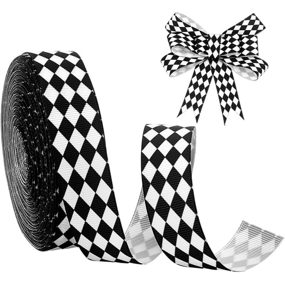 20 Yards Black White Checkered Ribbon Plaid Craft Ribbon 7/8 Inch Wide Gingham Grosgrain Ribbons Rhombus Pattern Ribbons