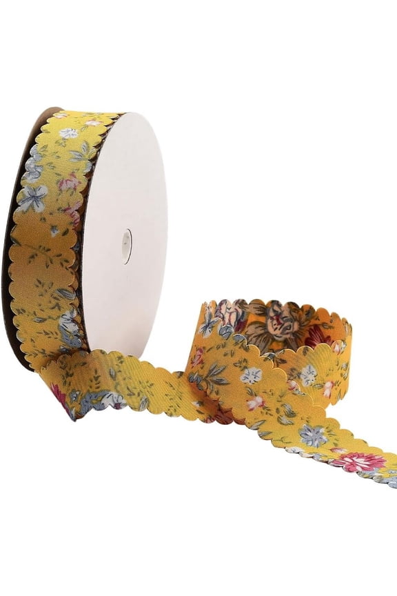 20 Yards Floral Print Ribbon Vintage Flower Pattern Ribbon Gold Spring Polyester Wavy Edge Fabric Ribbons Bulk with Spool for Sewing Making Wreaths Gift Wrapping Crafts Wedding Supply