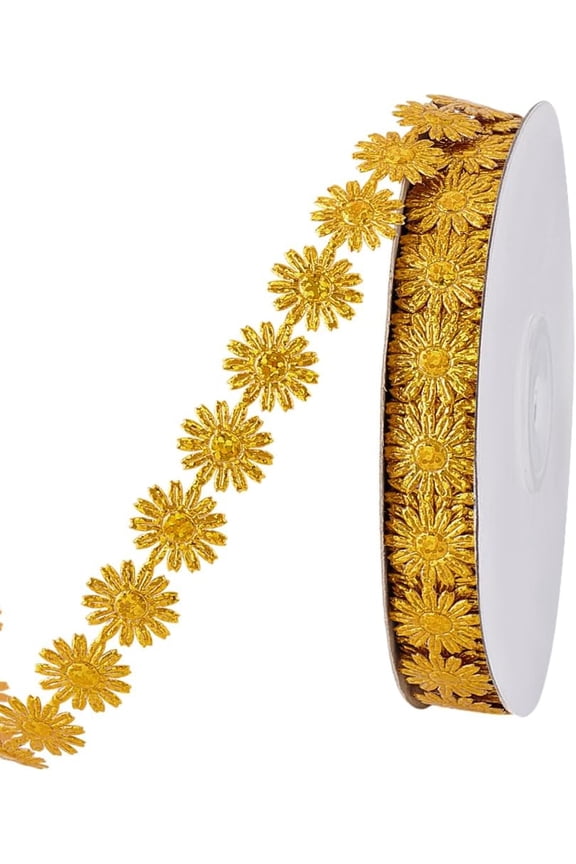 20 Yards Gold Flower Ribbon 5/8 inch Golden Embossing Ribbon Decorative Polyester Flower Lace Trim for Birthday Gift Wrapping Sewing Crafts Dress Hair Band Bridal Wedding Decor