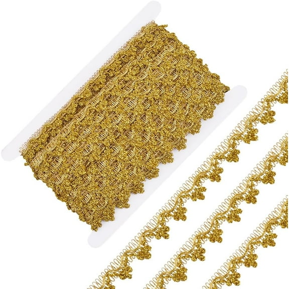 20 Yards Metallic Braid Lace Trim 0.79 Inch Wide Glitter Gold Flower Wavy Edge Applique Woven Tassel Fringe Trim Floral Embroidered Fabric Polyester Ribbon for Sewing Wedding Bridal Curtain