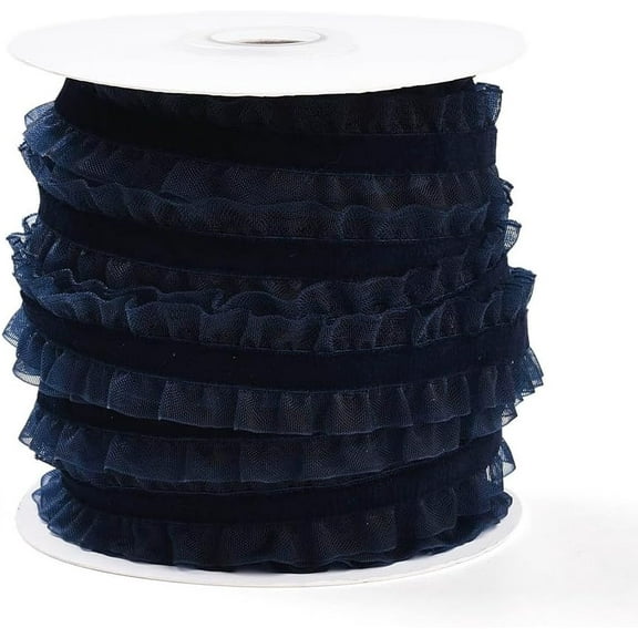20 Yards Navy Blue Double Ruffle Lace Trim Organza Ribbon Stretch Elastic Edging Tulle Pleated Gathered Ruffled Sewing Ribbons Decoration Christmas Craft Diy Prussian Blue